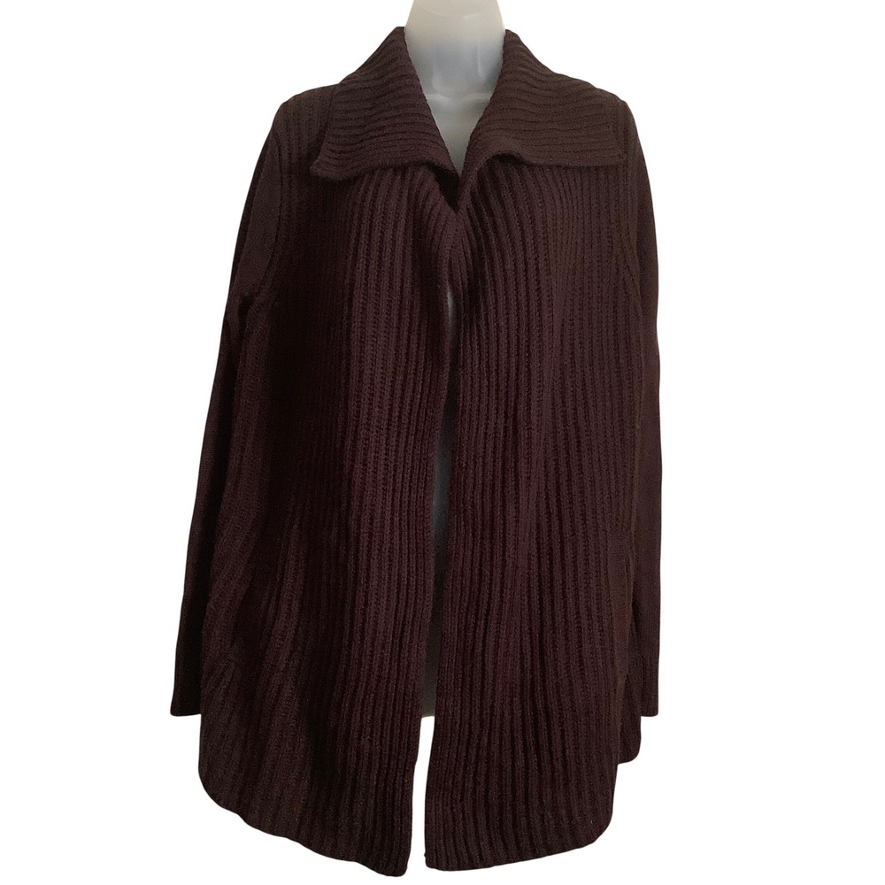 Loft Women Brown Ribbed Open Front Cardigan Wool Blend Sweater Large NEW